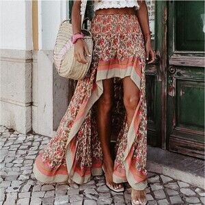 Boho Pink Floral Print Accent Stripes Smocked Waist Pull On High Low Long Skirt